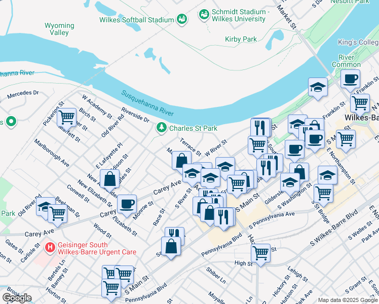map of restaurants, bars, coffee shops, grocery stores, and more near 45 Mallery Place in Wilkes-Barre