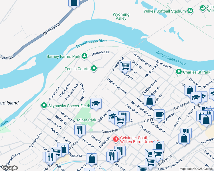 map of restaurants, bars, coffee shops, grocery stores, and more near 90 Marlboro Ave in Wilkes-Barre