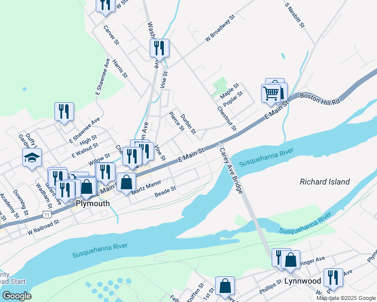 map of restaurants, bars, coffee shops, grocery stores, and more near 47 Pierce Street in Plymouth