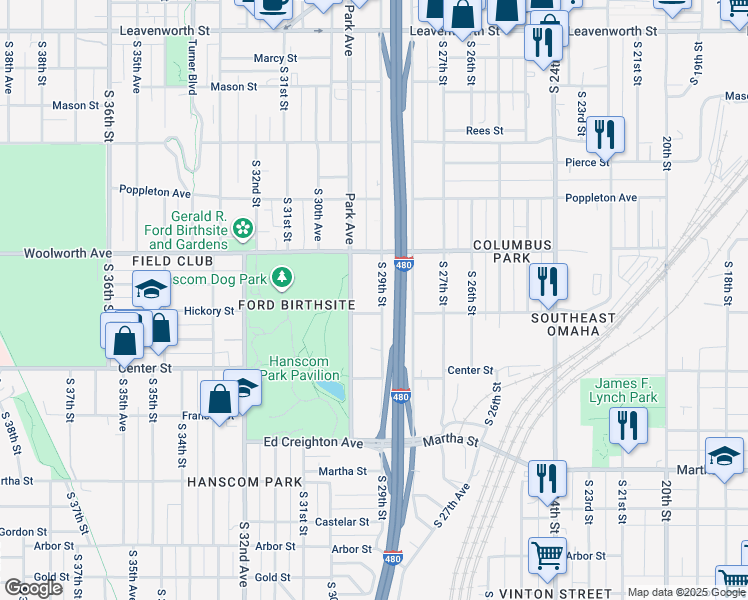map of restaurants, bars, coffee shops, grocery stores, and more near 1530 South 29th Street in Omaha