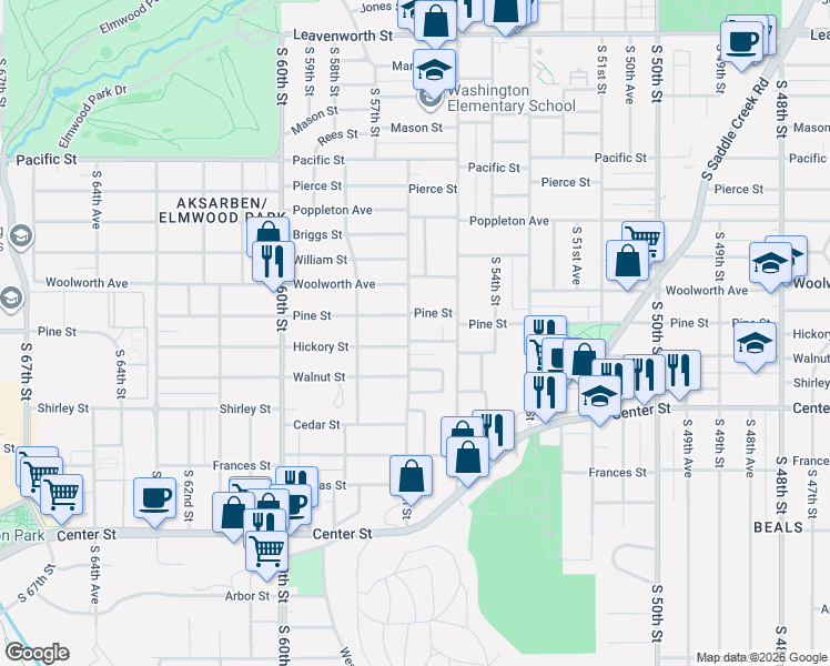 map of restaurants, bars, coffee shops, grocery stores, and more near 1606 South 56th Street in Omaha