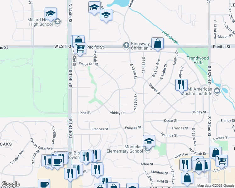map of restaurants, bars, coffee shops, grocery stores, and more near 1606 Mayfair Drive in Omaha