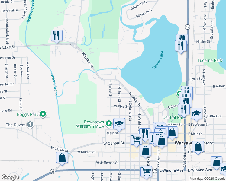 map of restaurants, bars, coffee shops, grocery stores, and more near 704 North West Street in Warsaw
