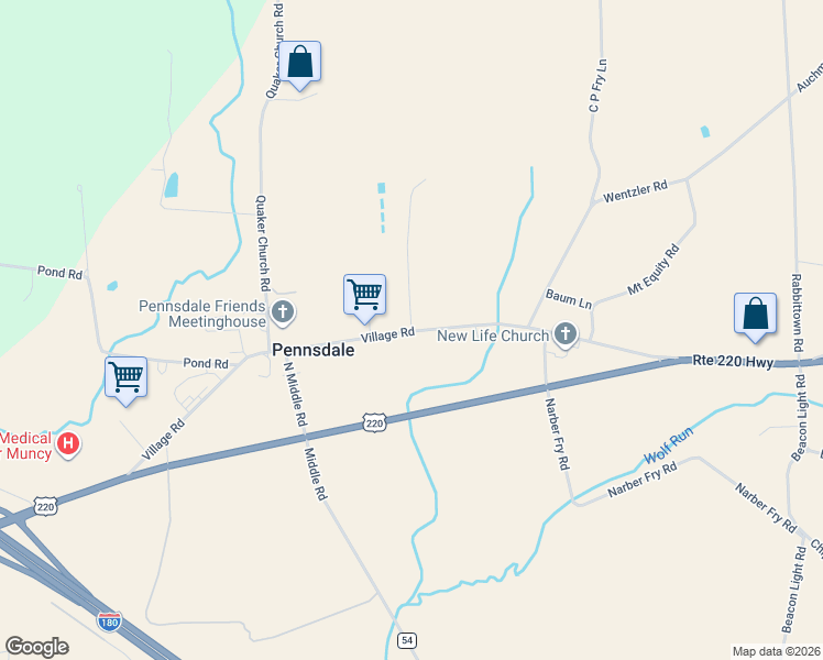 map of restaurants, bars, coffee shops, grocery stores, and more near 2 Worthington Lane in Muncy