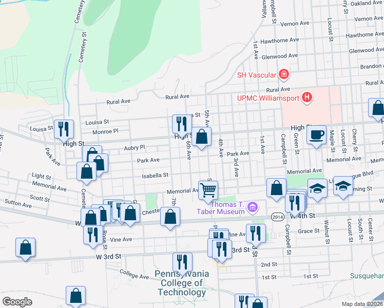 map of restaurants, bars, coffee shops, grocery stores, and more near 676 6th Avenue in Williamsport