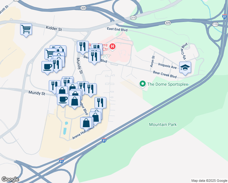 map of restaurants, bars, coffee shops, grocery stores, and more near 7 Lenape Ct in Wilkes-Barre Township