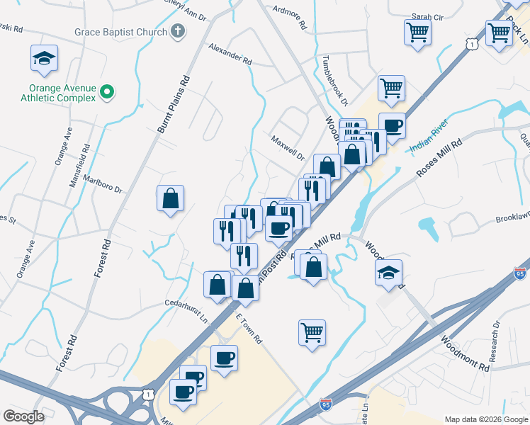 map of restaurants, bars, coffee shops, grocery stores, and more near 205 Foxwood Lane in Milford