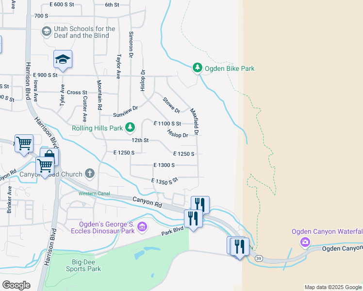 map of restaurants, bars, coffee shops, grocery stores, and more near 1601 Victory Drive in Ogden