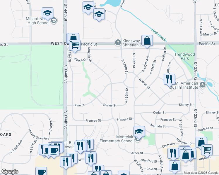 map of restaurants, bars, coffee shops, grocery stores, and more near 1606 Mayfair Drive in Omaha