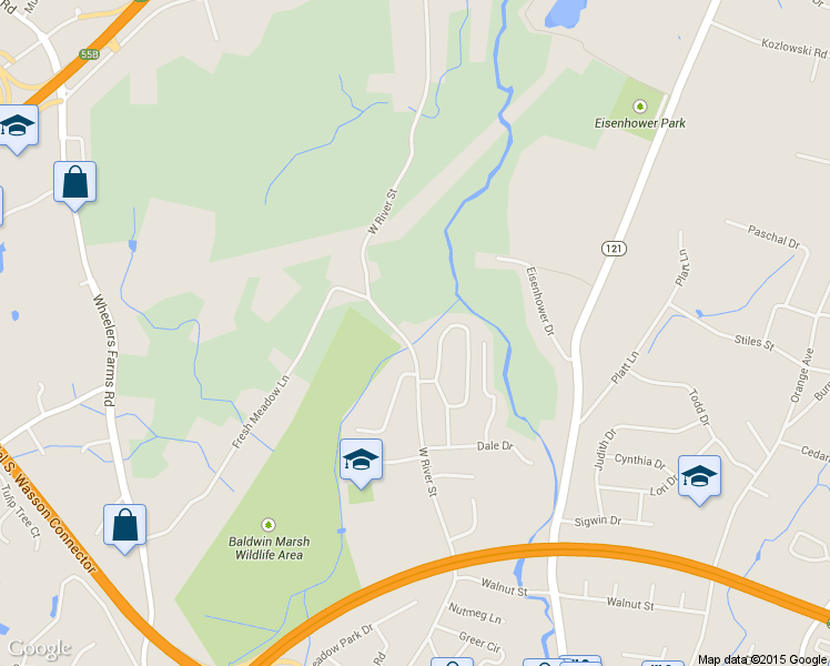 map of restaurants, bars, coffee shops, grocery stores, and more near 593 West River Street in Milford