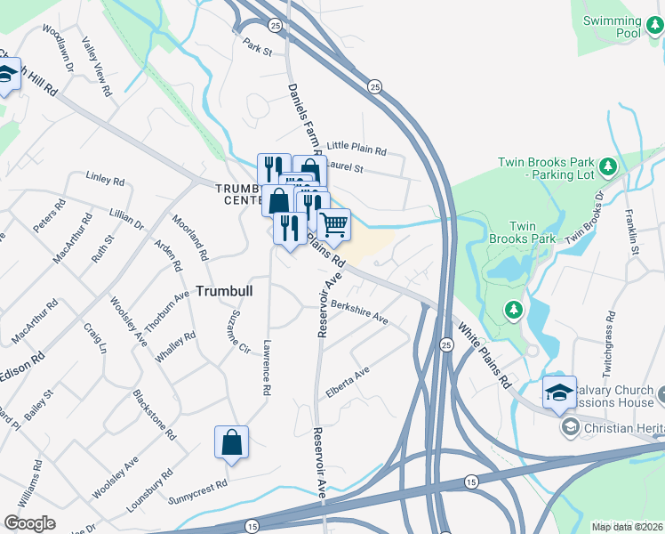 map of restaurants, bars, coffee shops, grocery stores, and more near 3115 Reservoir Avenue in Trumbull
