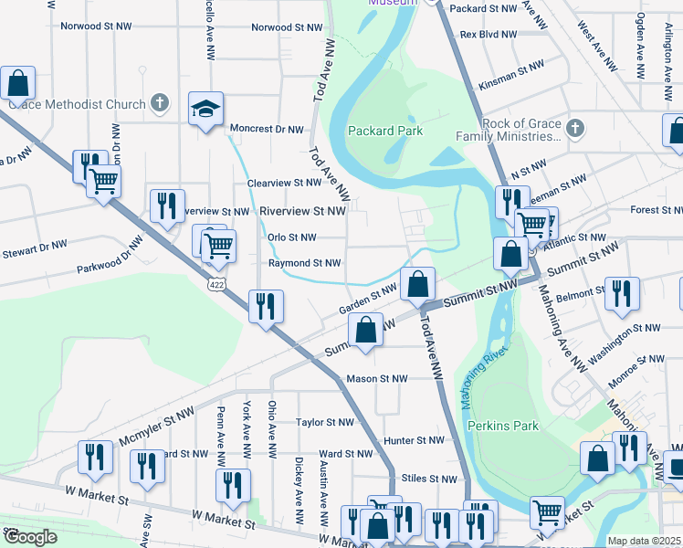 map of restaurants, bars, coffee shops, grocery stores, and more near 1181 Robert Avenue Northwest in Warren