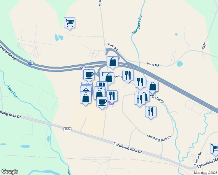 map of restaurants, bars, coffee shops, grocery stores, and more near 170 South Lycoming Mall Road in Muncy