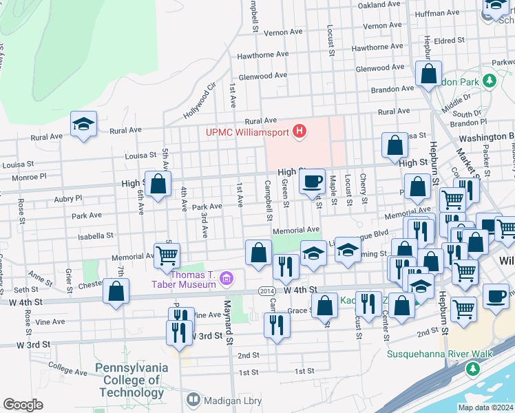 map of restaurants, bars, coffee shops, grocery stores, and more near 815 Park Avenue in Williamsport