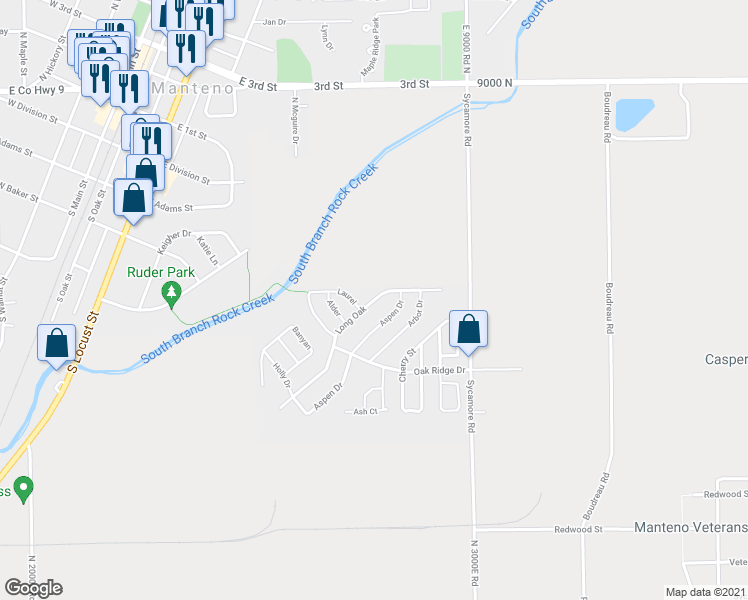 map of restaurants, bars, coffee shops, grocery stores, and more near 611 Long Oak in Manteno
