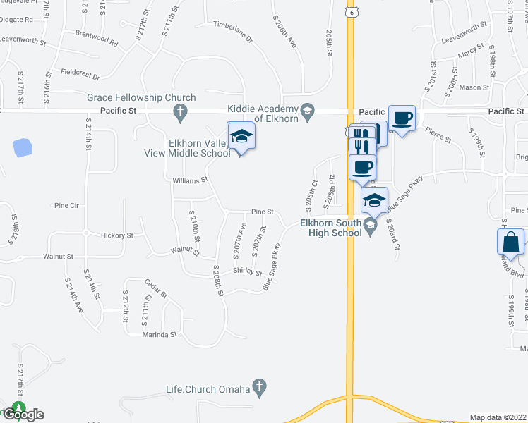 map of restaurants, bars, coffee shops, grocery stores, and more near 20760 Pine Street in Omaha