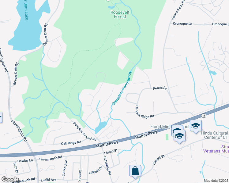 map of restaurants, bars, coffee shops, grocery stores, and more near 2125 Cutspring Road in Stratford