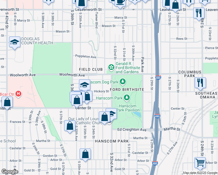 map of restaurants, bars, coffee shops, grocery stores, and more near 1608 South 32nd Avenue in Omaha