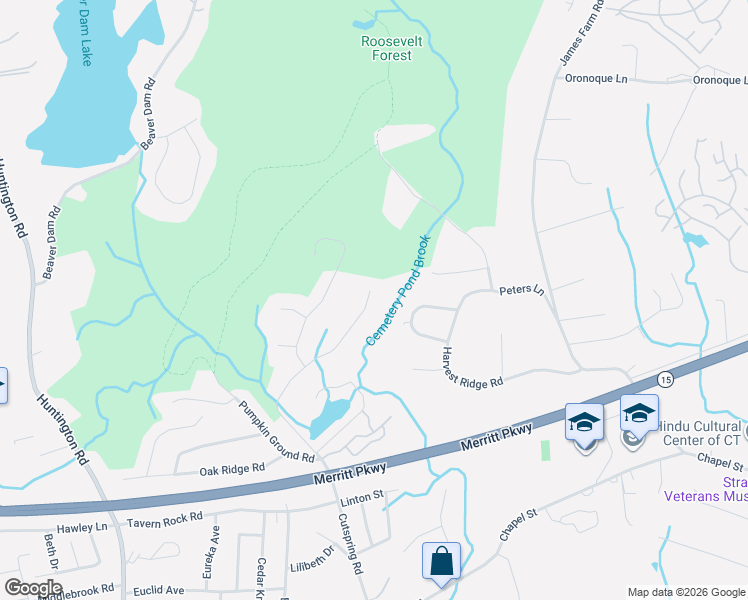 map of restaurants, bars, coffee shops, grocery stores, and more near 2175 Cutspring Road in Stratford