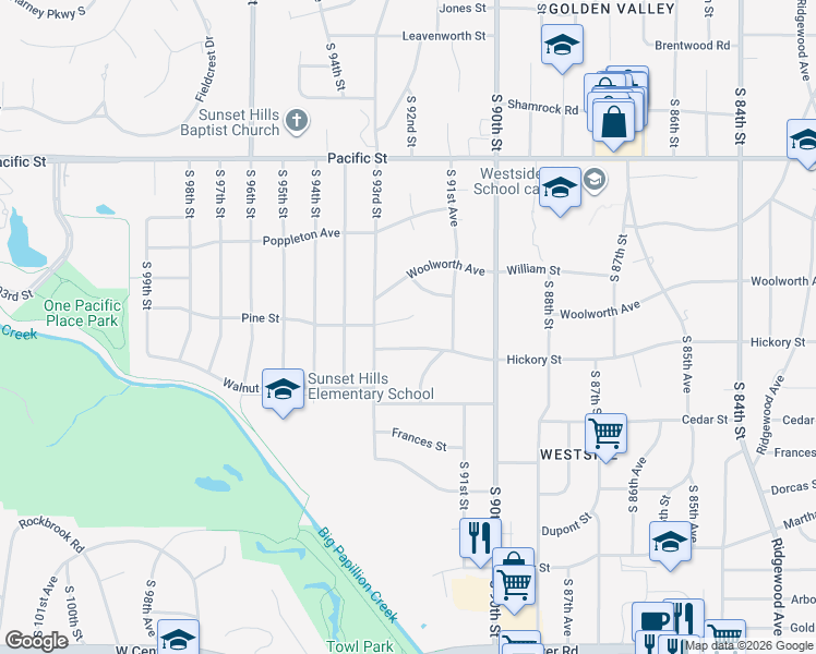 map of restaurants, bars, coffee shops, grocery stores, and more near 9253 Pine Circle in Omaha