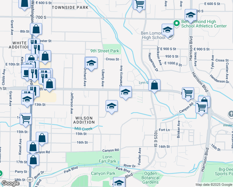map of restaurants, bars, coffee shops, grocery stores, and more near 805 12th Street in Ogden