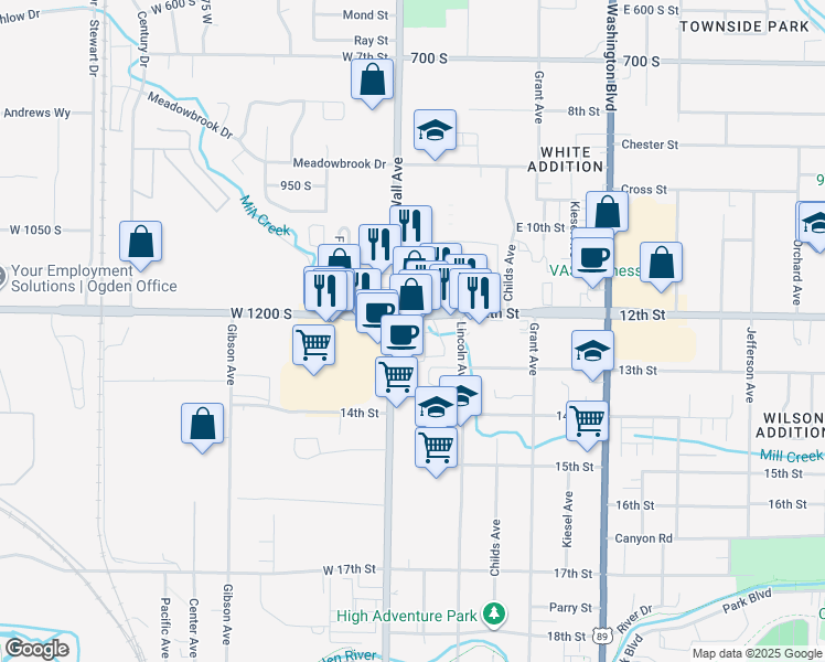 map of restaurants, bars, coffee shops, grocery stores, and more near 1212 Wall Avenue in Ogden