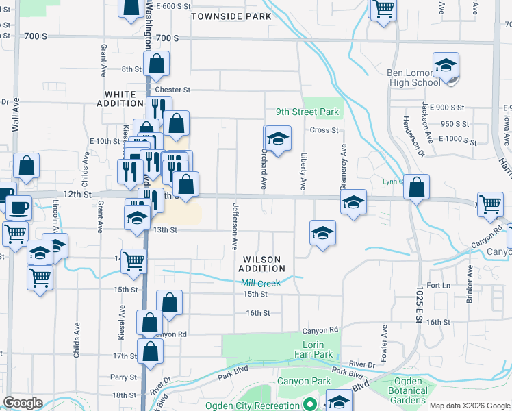 map of restaurants, bars, coffee shops, grocery stores, and more near 643 12th Street in Ogden