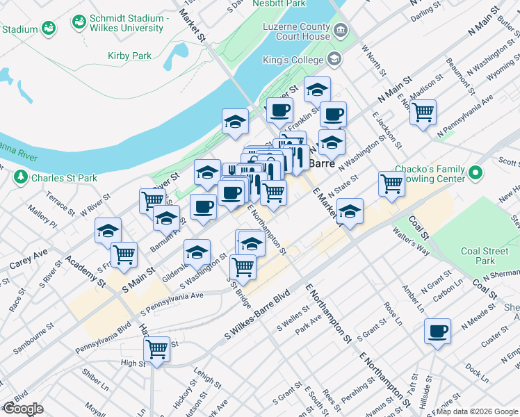 map of restaurants, bars, coffee shops, grocery stores, and more near 34S North Main Street in Wilkes-Barre