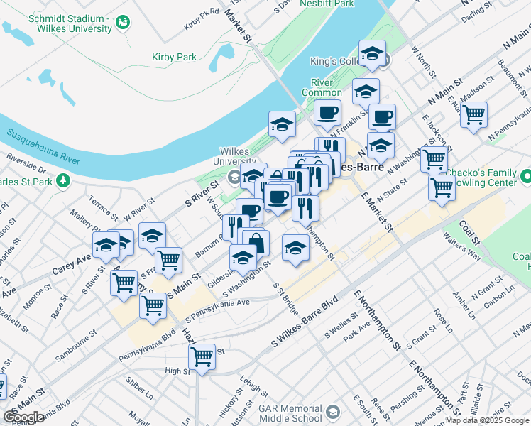 map of restaurants, bars, coffee shops, grocery stores, and more near 111 South Main Street in Wilkes-Barre