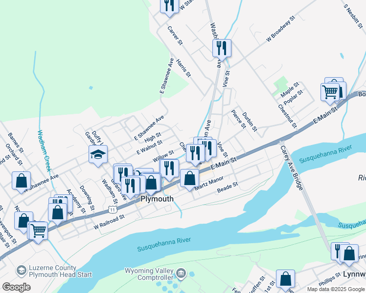 map of restaurants, bars, coffee shops, grocery stores, and more near 225 Willow St in Plymouth