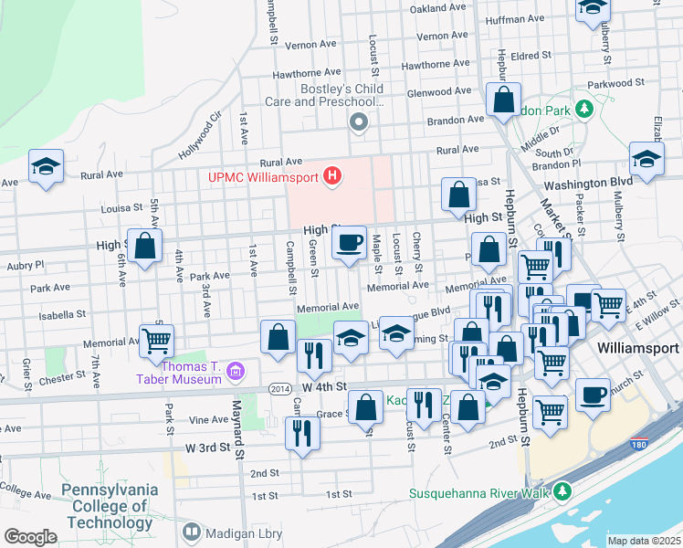 map of restaurants, bars, coffee shops, grocery stores, and more near 623-639 Walnut Street in Williamsport