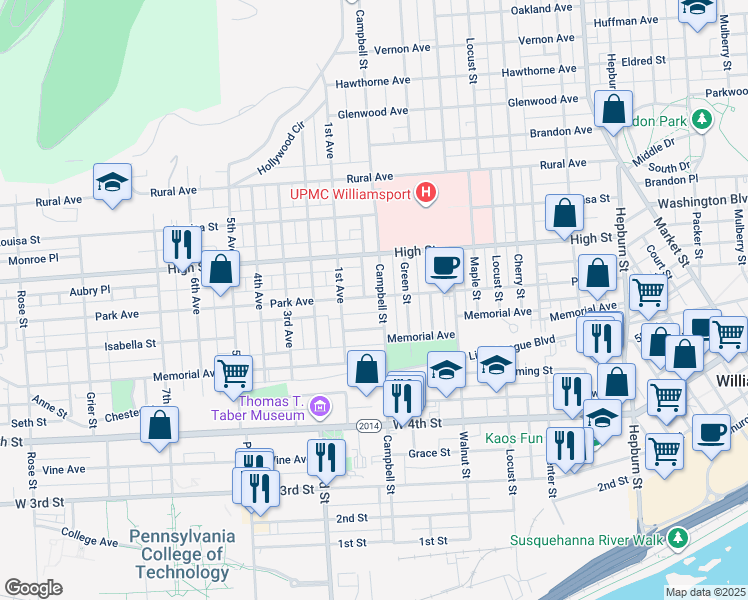 map of restaurants, bars, coffee shops, grocery stores, and more near in Williamsport