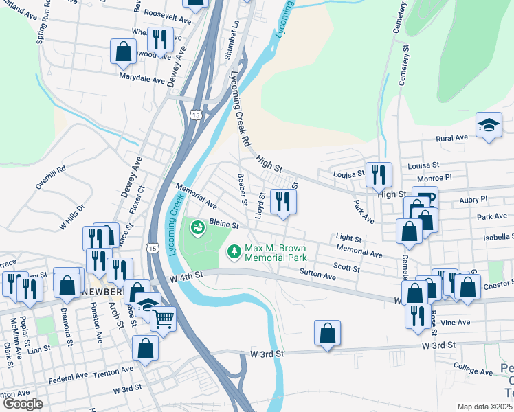 map of restaurants, bars, coffee shops, grocery stores, and more near 636 Lloyd Street in Williamsport