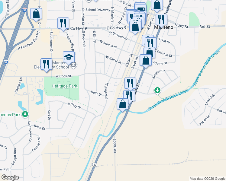 map of restaurants, bars, coffee shops, grocery stores, and more near 4 Todd Court in Manteno