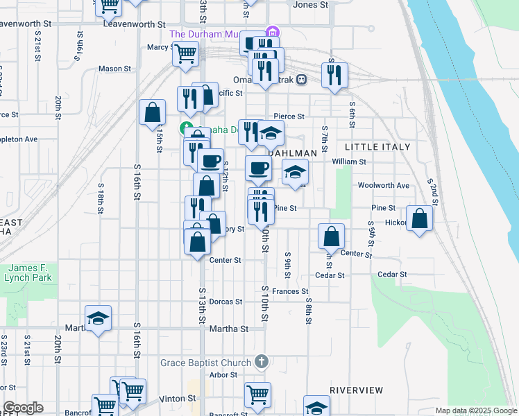 map of restaurants, bars, coffee shops, grocery stores, and more near 1520 South 10th Street in Omaha