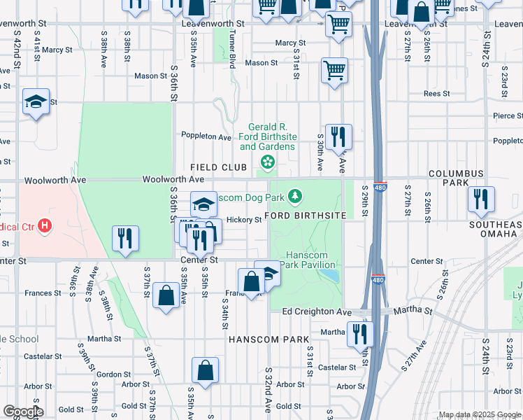 map of restaurants, bars, coffee shops, grocery stores, and more near 1608 South 32nd Avenue in Omaha