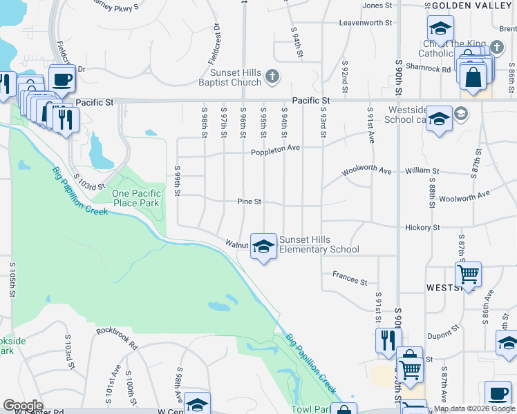 map of restaurants, bars, coffee shops, grocery stores, and more near 1602 South 95th Street in Omaha