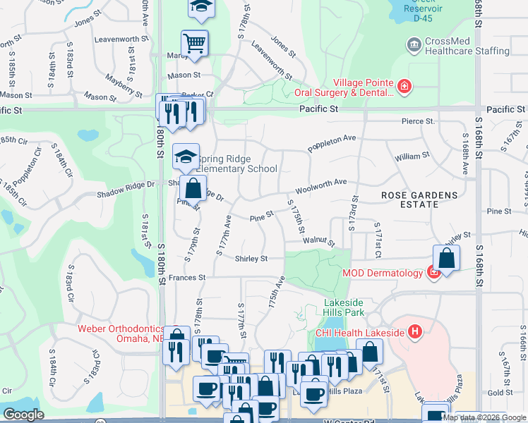 map of restaurants, bars, coffee shops, grocery stores, and more near 17617 Woolworth Avenue in Omaha