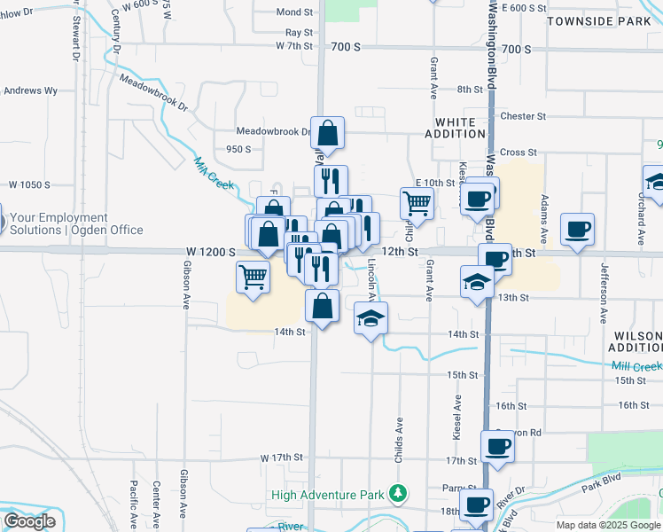 map of restaurants, bars, coffee shops, grocery stores, and more near 1212 Wall Avenue in Ogden