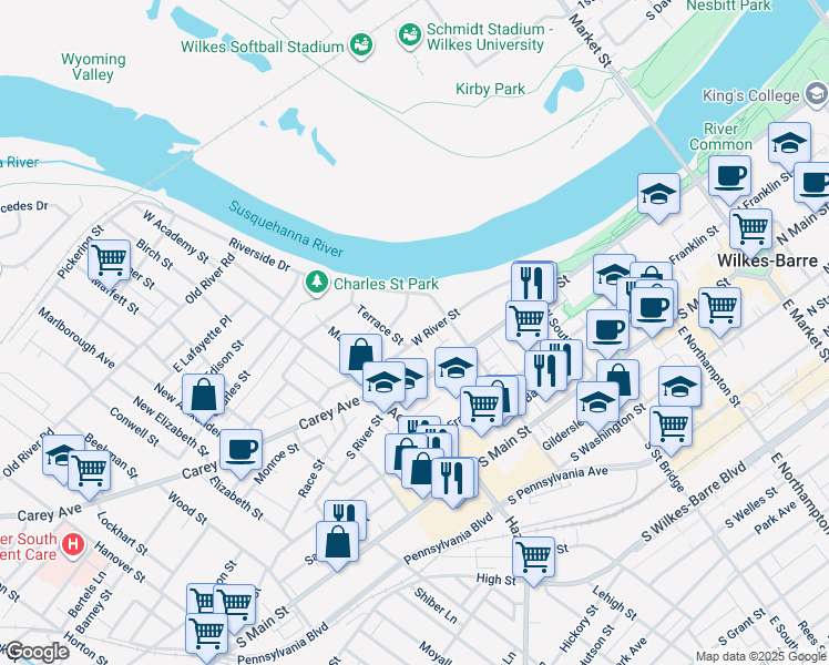 map of restaurants, bars, coffee shops, grocery stores, and more near 123 West River Street in Wilkes-Barre