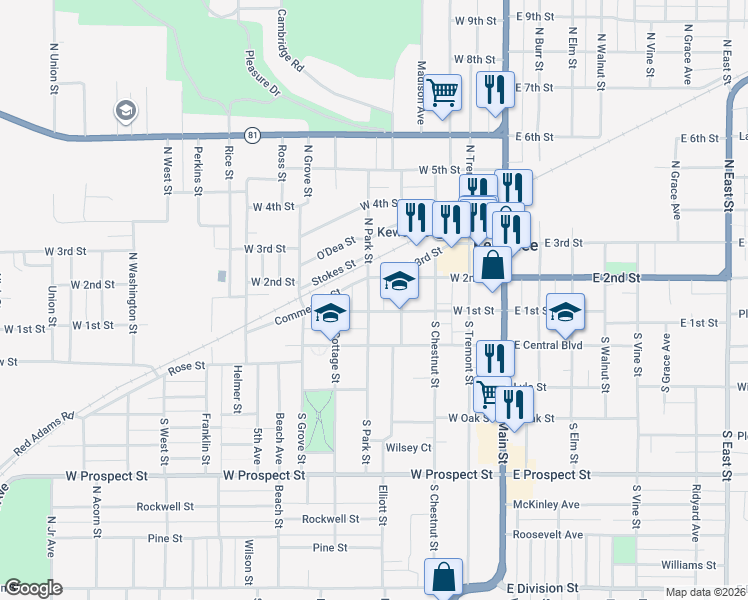 map of restaurants, bars, coffee shops, grocery stores, and more near 117 North Park Street in Kewanee