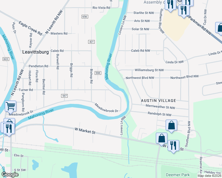 map of restaurants, bars, coffee shops, grocery stores, and more near 308 Township Highway 402 in Leavittsburg