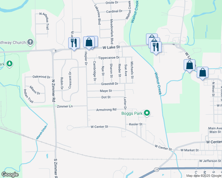 map of restaurants, bars, coffee shops, grocery stores, and more near 1501 Greenhill Drive in Warsaw