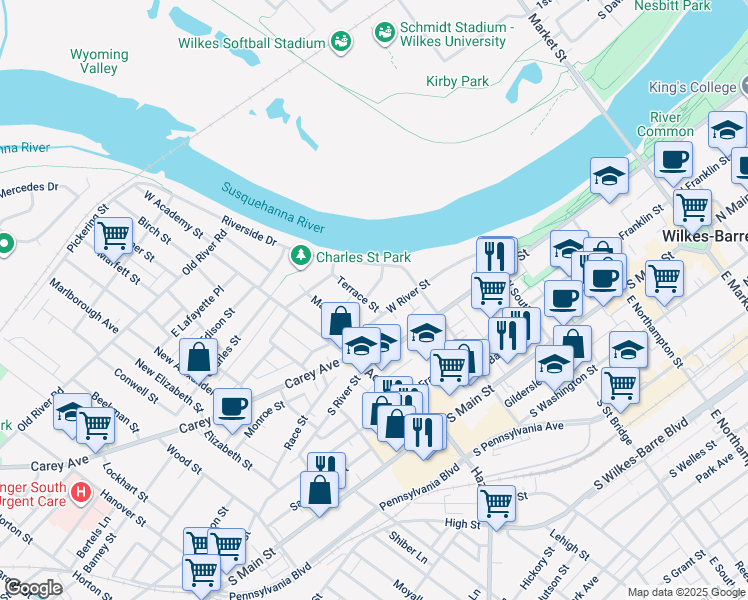 map of restaurants, bars, coffee shops, grocery stores, and more near 123 West River Street in Wilkes-Barre