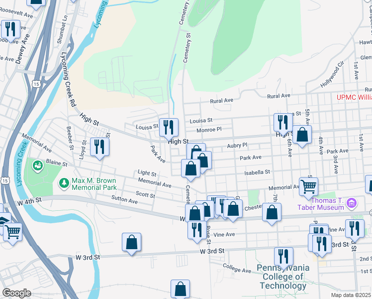 map of restaurants, bars, coffee shops, grocery stores, and more near 1398 Aubry Place in Williamsport