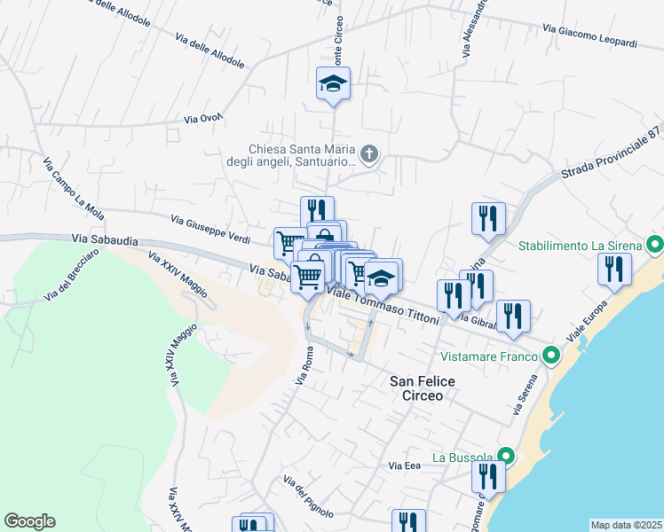 map of restaurants, bars, coffee shops, grocery stores, and more near 26 Via Montenero in San Felice Circeo