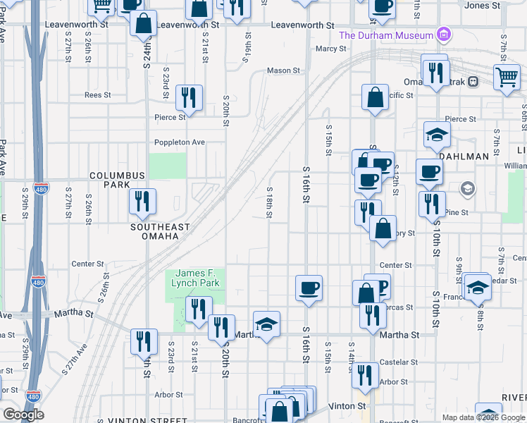 map of restaurants, bars, coffee shops, grocery stores, and more near 1450 S 18th St in Omaha