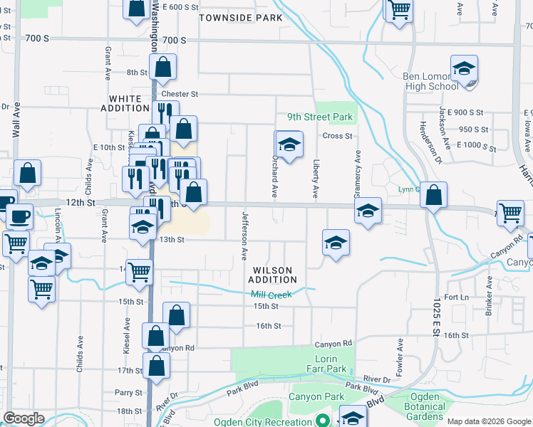 map of restaurants, bars, coffee shops, grocery stores, and more near 643 12th Street in Ogden