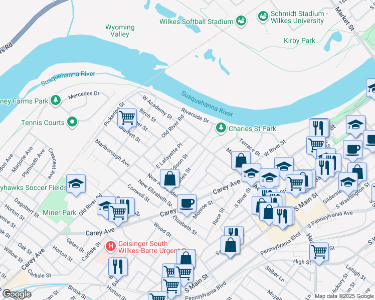 map of restaurants, bars, coffee shops, grocery stores, and more near 19 Edison Street in Wilkes-Barre