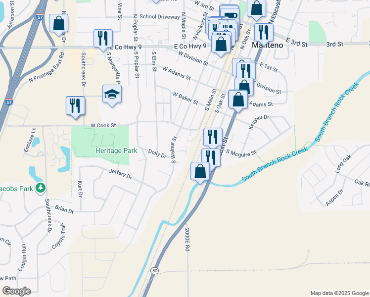 map of restaurants, bars, coffee shops, grocery stores, and more near 4 Todd Court in Manteno